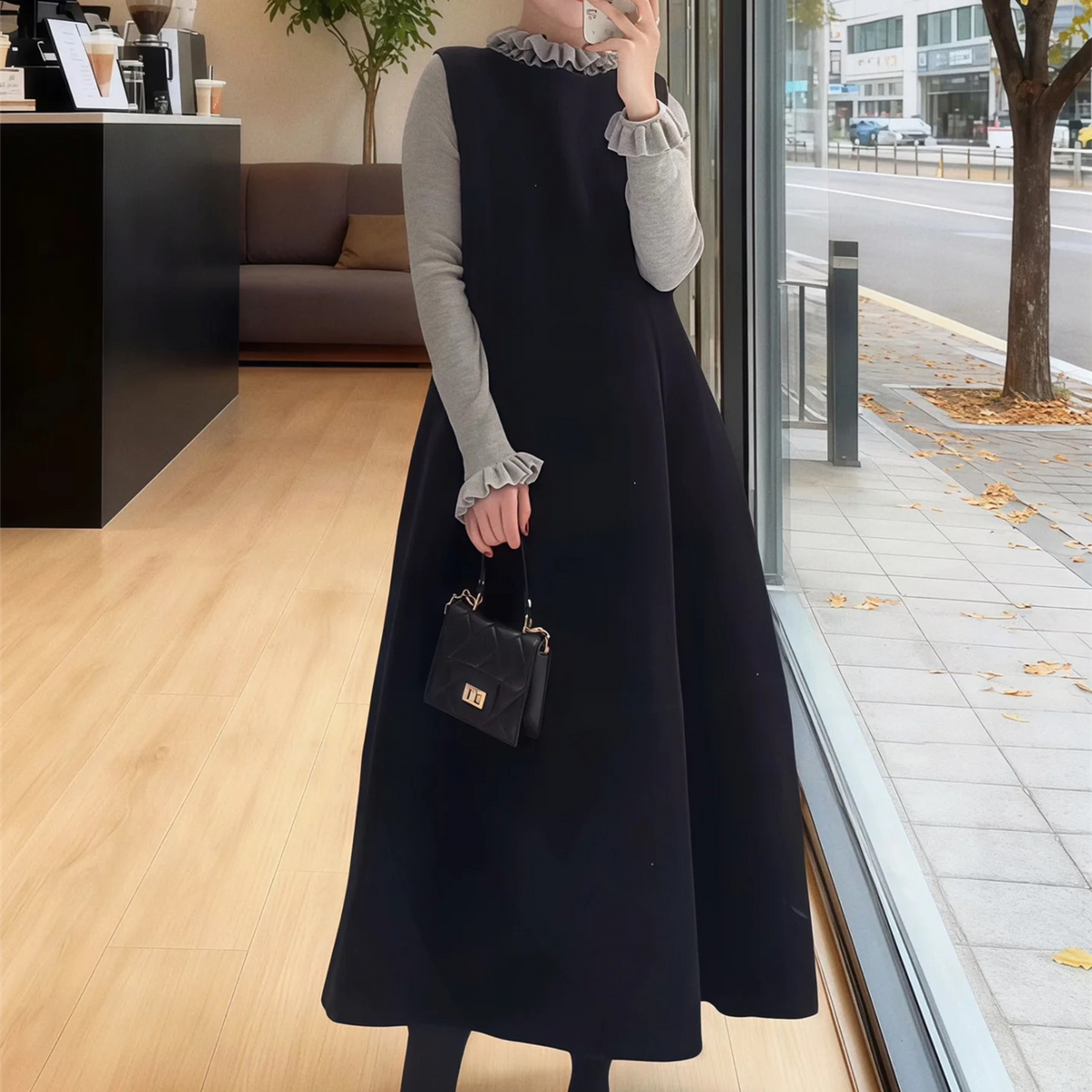 【set】フリルニットトップス×ノースリーブワンピースセット　N3434