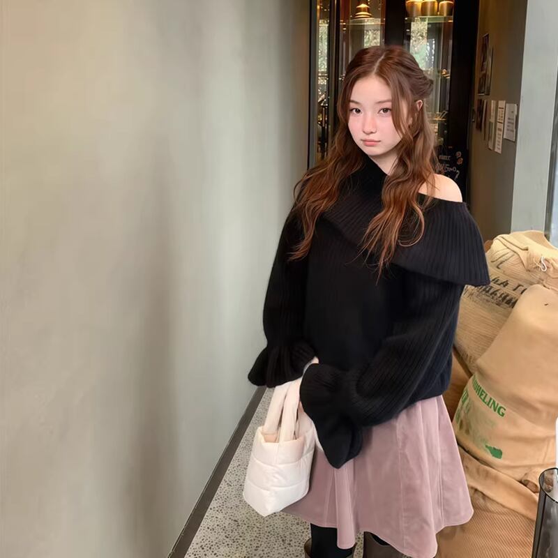 【tops】オフショルダーラペルニットトップス Q7643