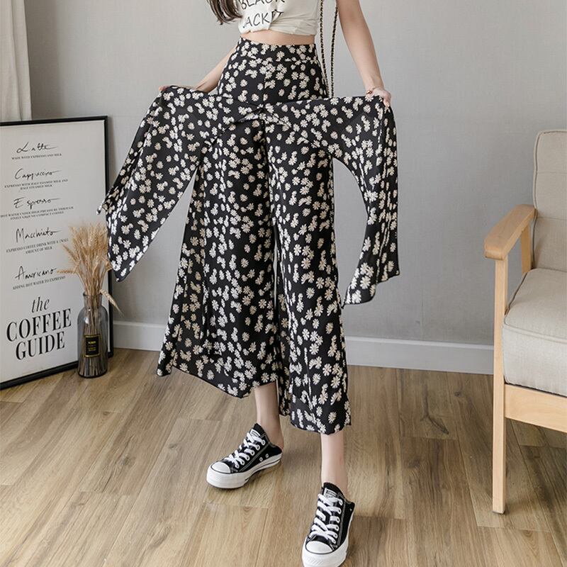 【bottoms】細身効果抜群♪シンプル花柄合わせやすいハイウエスト九分丈ガウチョパンツF0065