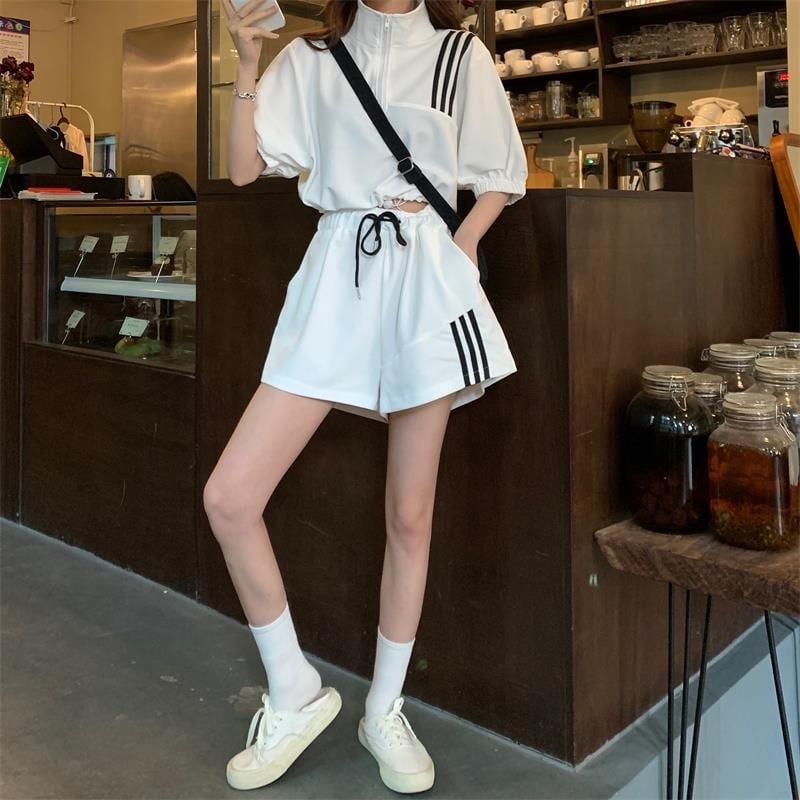 【set】INS風カジュアル気質満点POLOネックトップス+ショートパンツレディース２点セット G13533