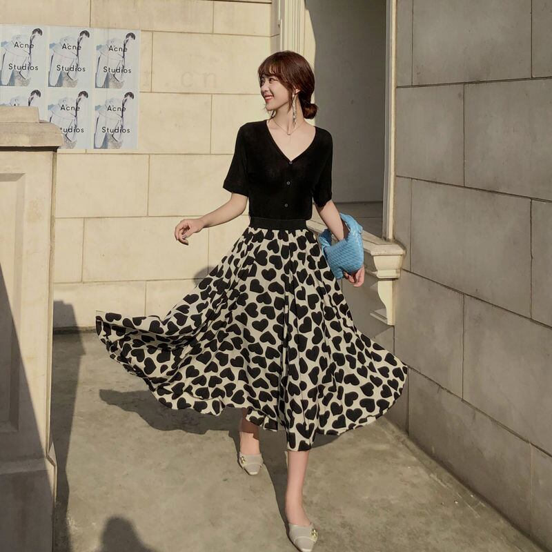 【bottoms】ハート柄Aライン花柄レディースファッションOL通勤ミッドウエストスカート