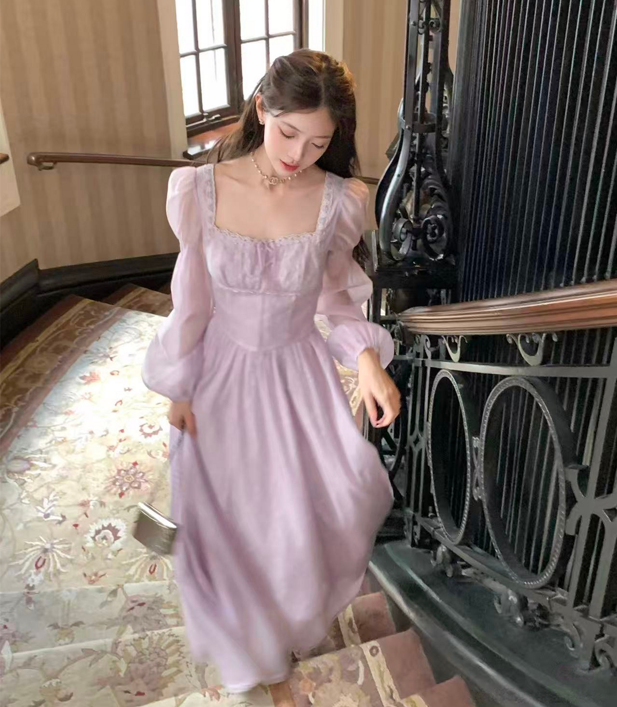 【dress】スクエアネックレースロングワンピース Q6388