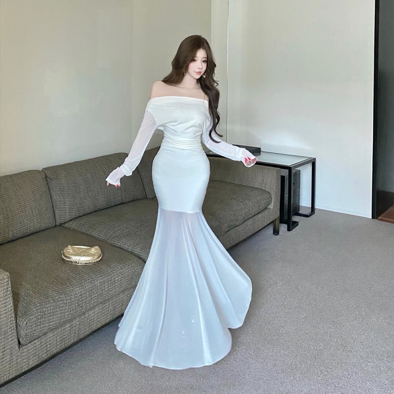 【dress】オフショルダーチュールドッキングワンピース Q7885