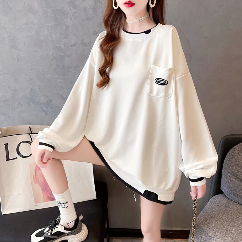 【tops】ラウンドネック長袖偽二つ切り替え英字柄ゆったり着回しパーカーF0676