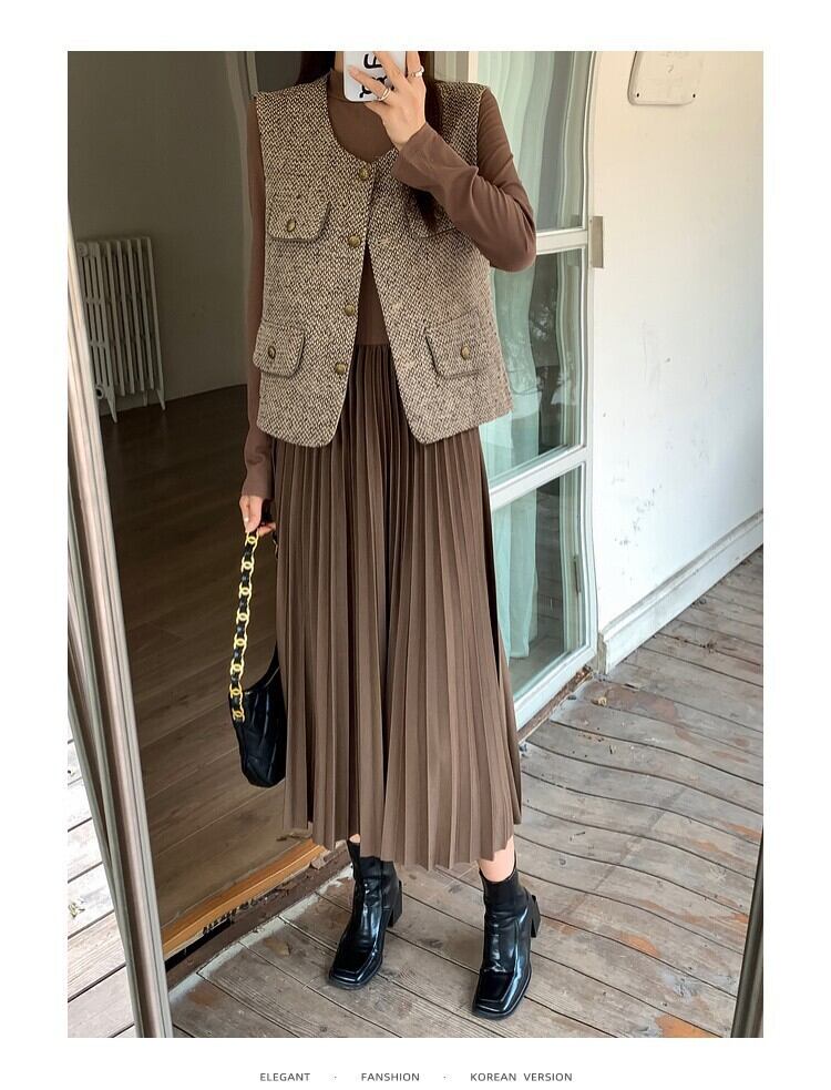 【set】ツイードジレ×ニットプリーツワンピースセット　N2121
