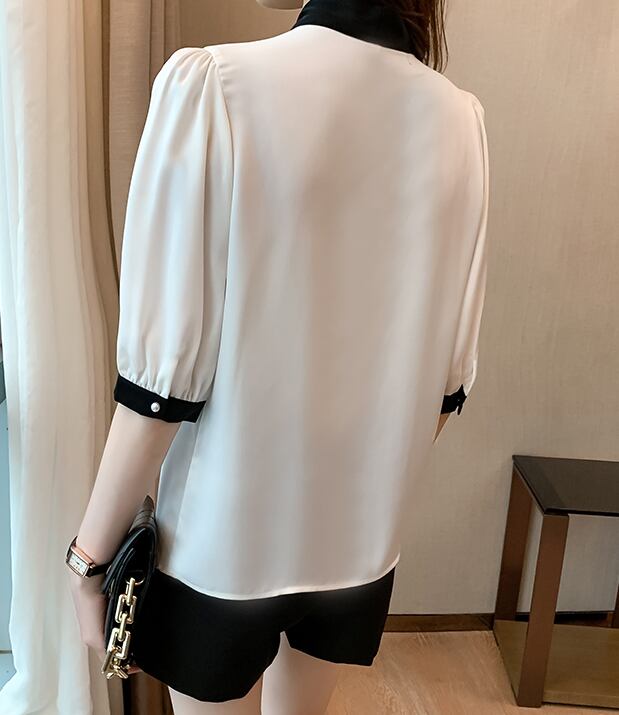 【tops】韓国ファッションタイカラー半袖配色着回しシンプルゆったりブラウスF0131