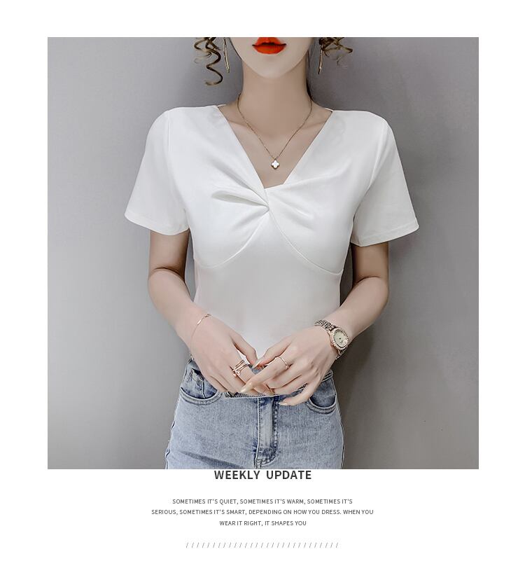 【tops】2色Vネック半袖ファッション無地着回しブラウスF0154