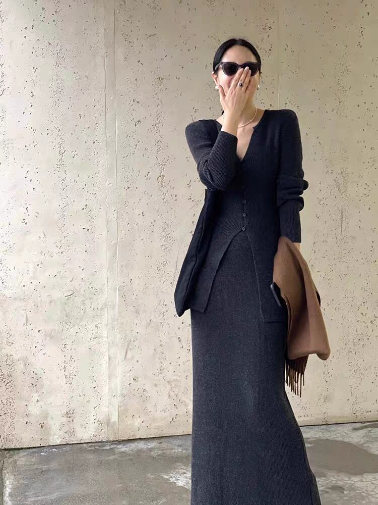 【set】Ⅴネックニットカーデ+スカートセット　M26738