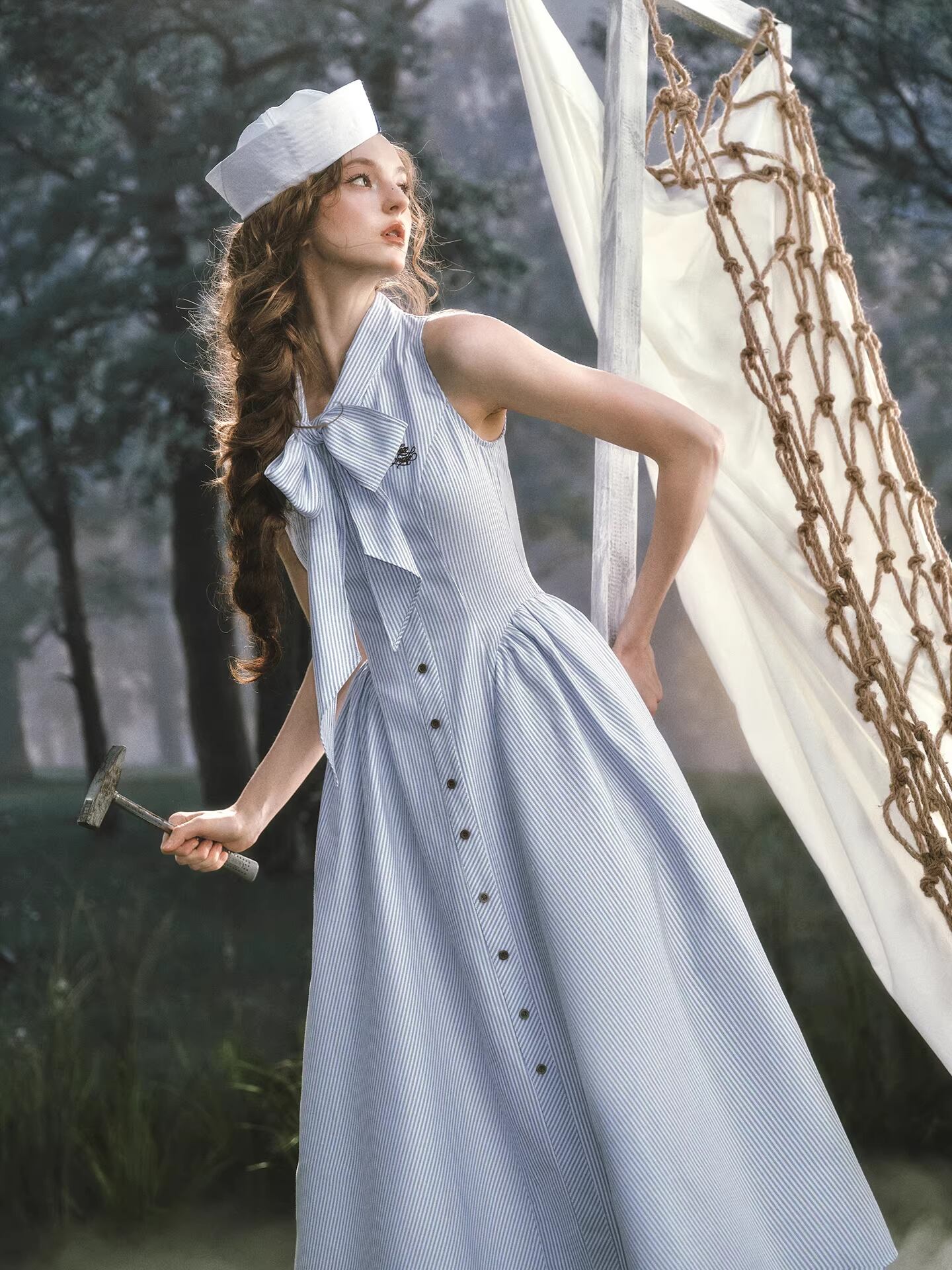 【dress】リボン付きストライプ柄ベストワンピース Q8458