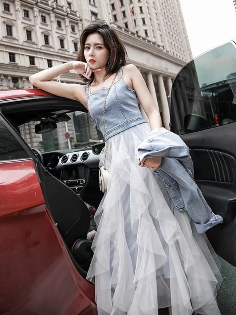 【set】一目惚れ！デニムジャケット+メッシュ切り替えキャミワンピースINS風2点セットF0751