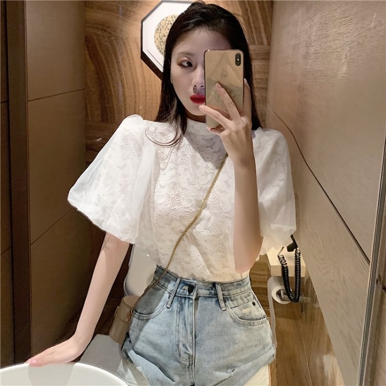 【tops】パフスリーブレースブラウスG20111