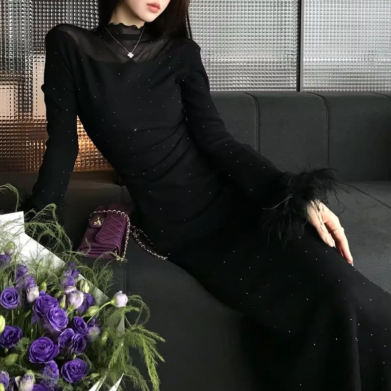 【dress】袖ファーチュールドッキングニットワンピース Q7559