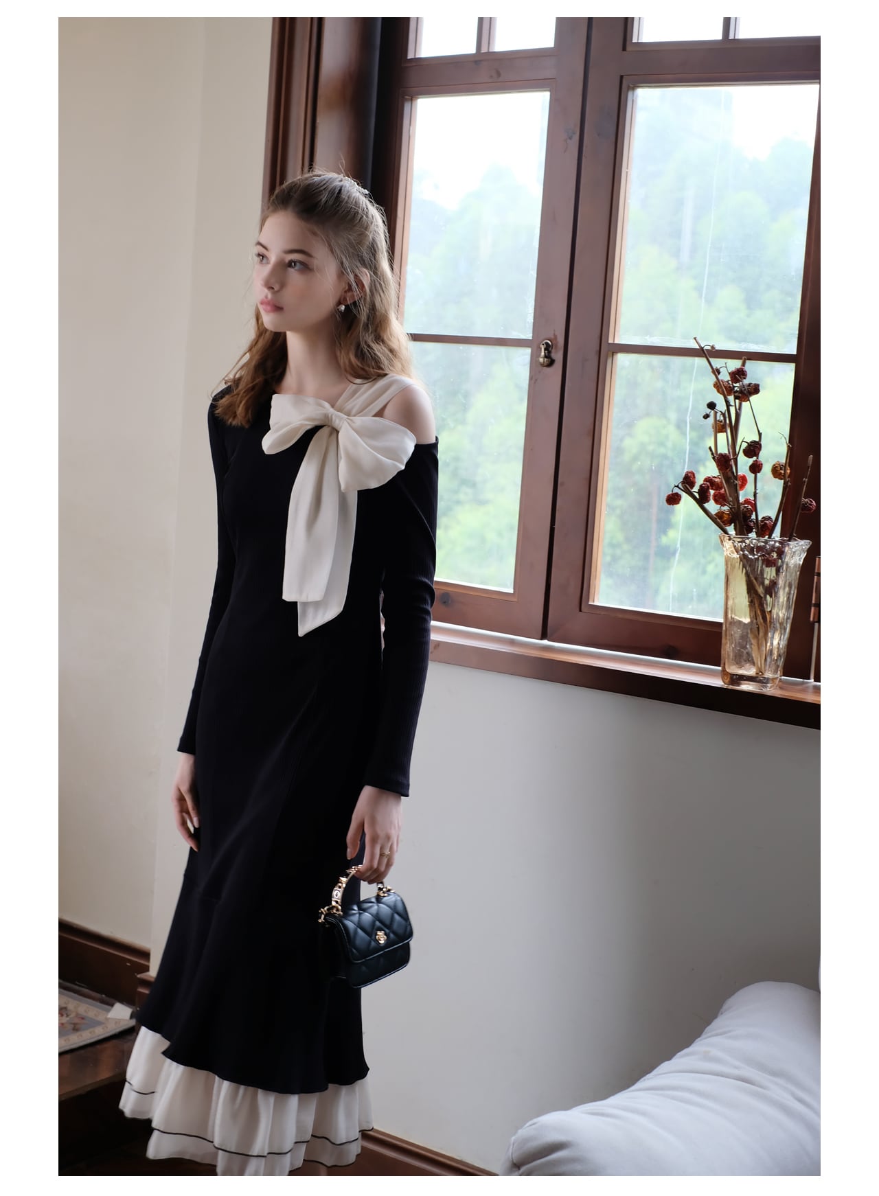 【dress】ショルダーリボンアシンメマーメイドワンピース　N2744