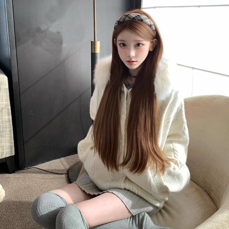 【outer】ファー付きニットカーディガン Q7253