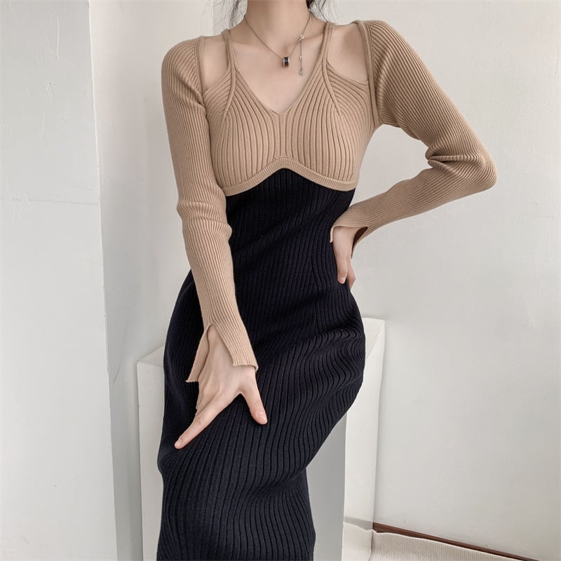 【dress】配色ニットワンピース　M25545