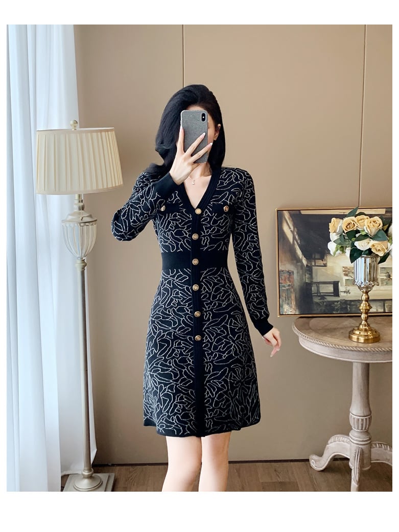【dress】ジャカードVネックニットワンピース　M27683