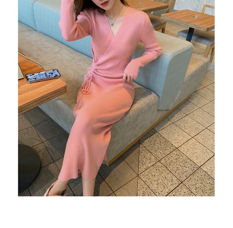 【dress】好感度UP!気質満点デザインフランス風シンプルVネックニットワンピース G2822