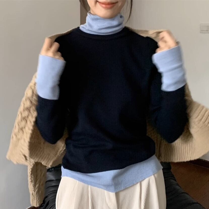 【tops】ハイネック配色ニットトップス　M28613