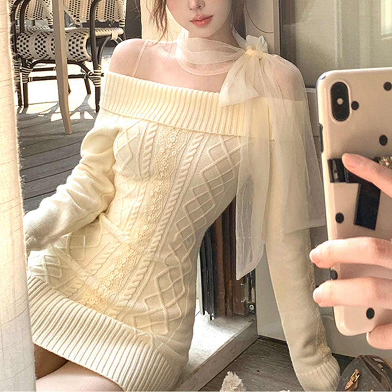 【dress】チュールドッキングリボンニットワンピースF8471