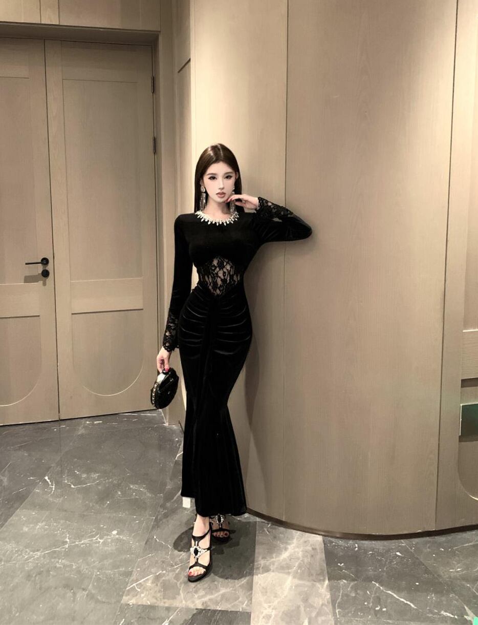 【dress】スパンコール付きレースドッキングベルベットワンピース Q7424