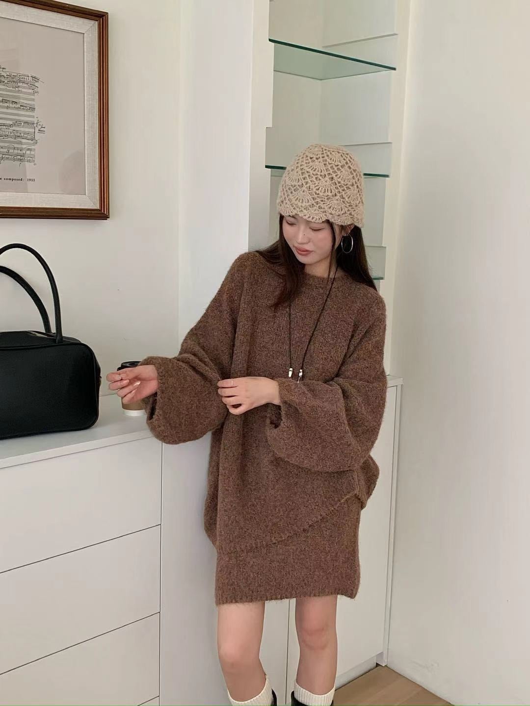 【set】ロングニットトップス×ストレートスカートセット Q7376