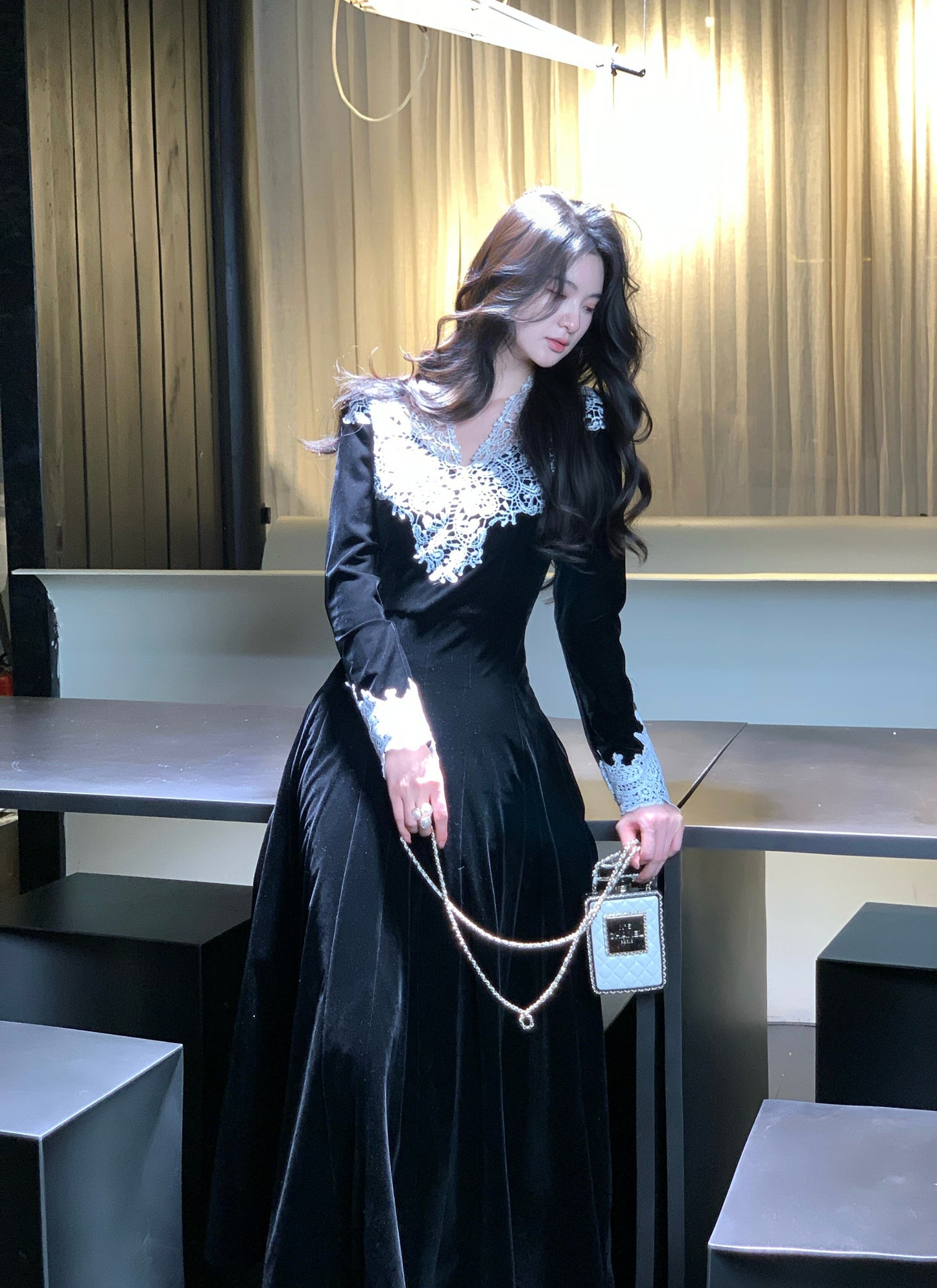 【dress】レーストリミングベロアワンピース　N3476