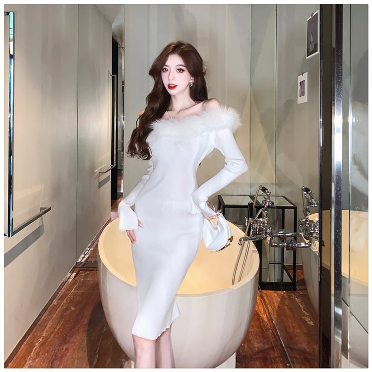 【dress】フェザーオフショルダーニットワンピース　M17993