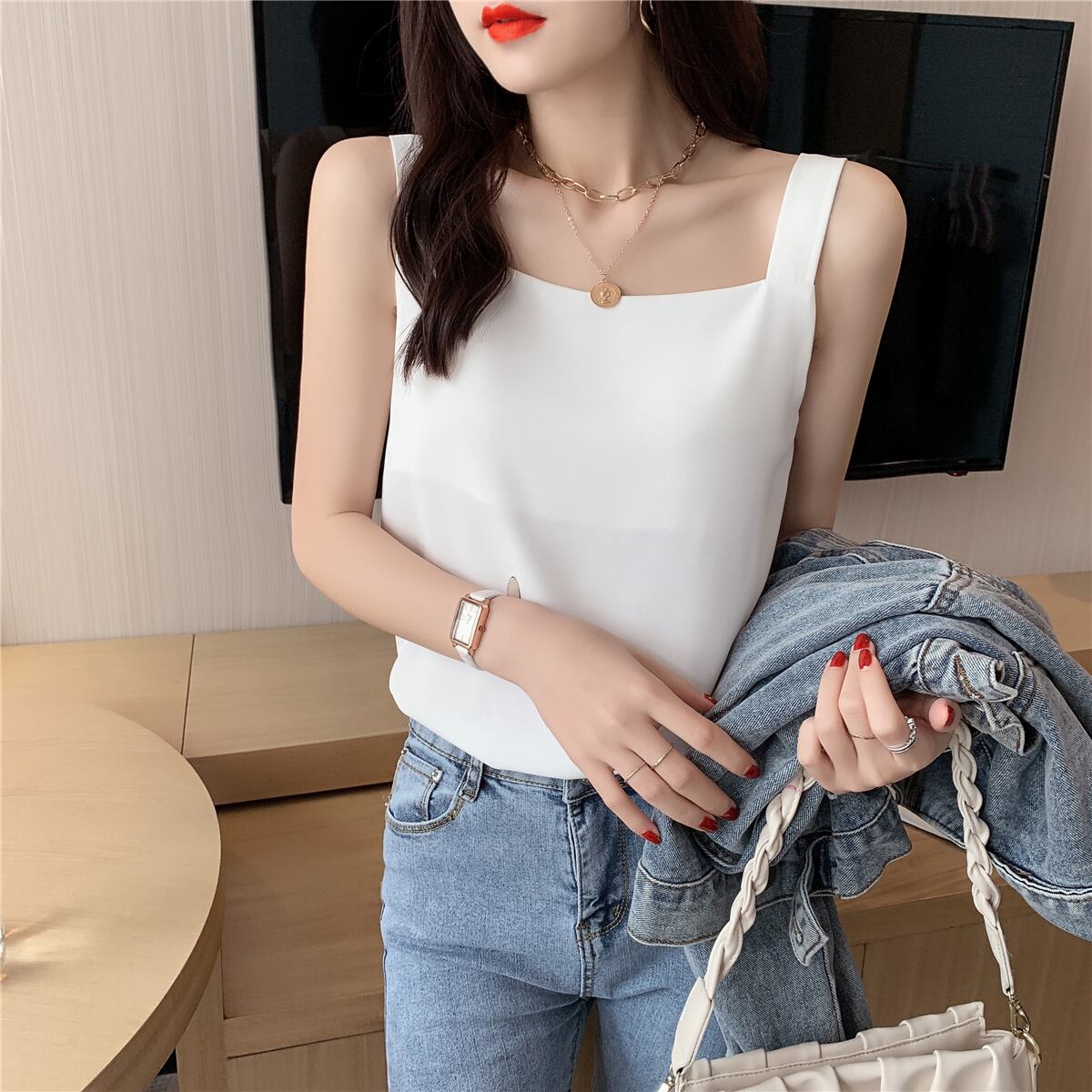 【tops】店長推薦3色夏新作韓国風INS風スクエアネック無地着回しキャミソールF1996