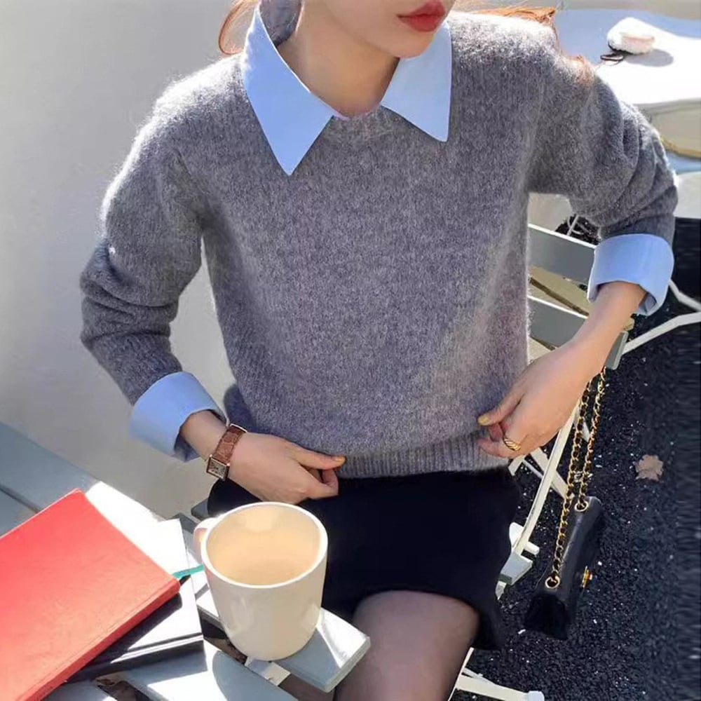 【tops】シャツ切り替えニットセーター　M25973