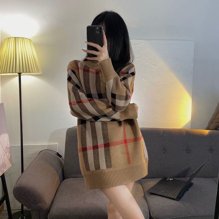 【tops】チェック柄長袖ニットセーターF8145