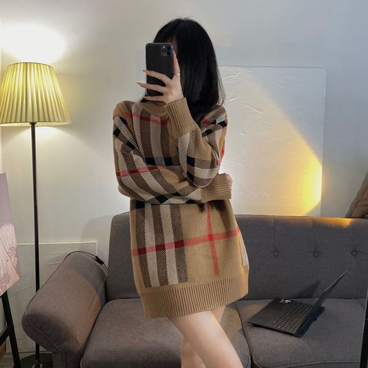 【tops】チェック柄長袖ニットセーターF8145