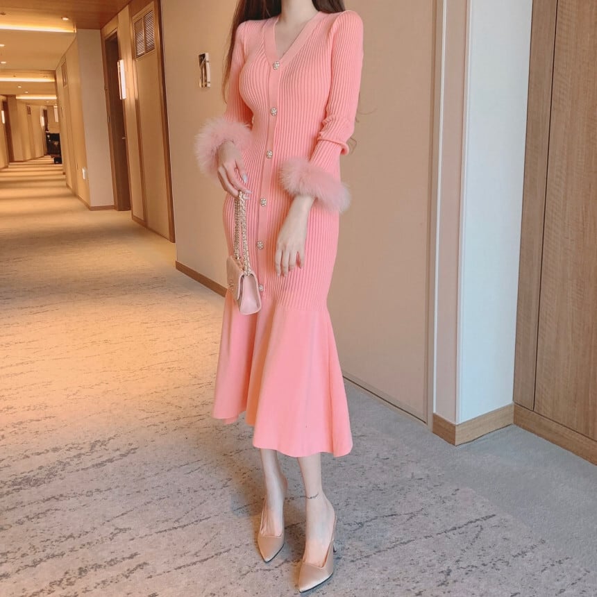 【dress】袖ファー マーメイドニットワンピース　M26156