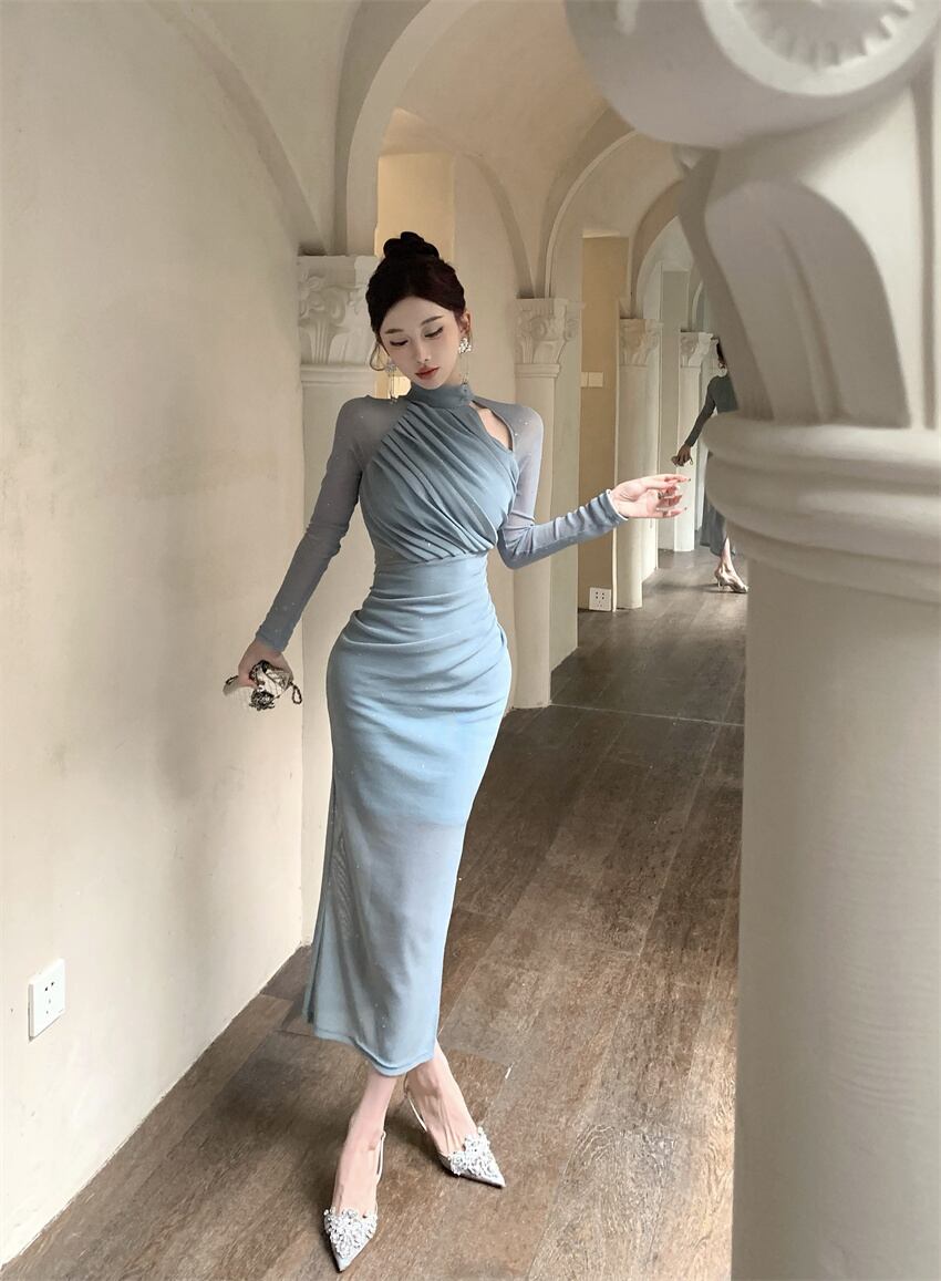 【dress】ギャザーメッシュタイトワンピース G20643