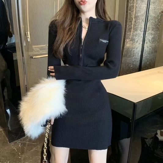 【dress】細身効果抜群♪韓国風INS風秋冬ファスナー長袖体型カバーニットワンピースF3523