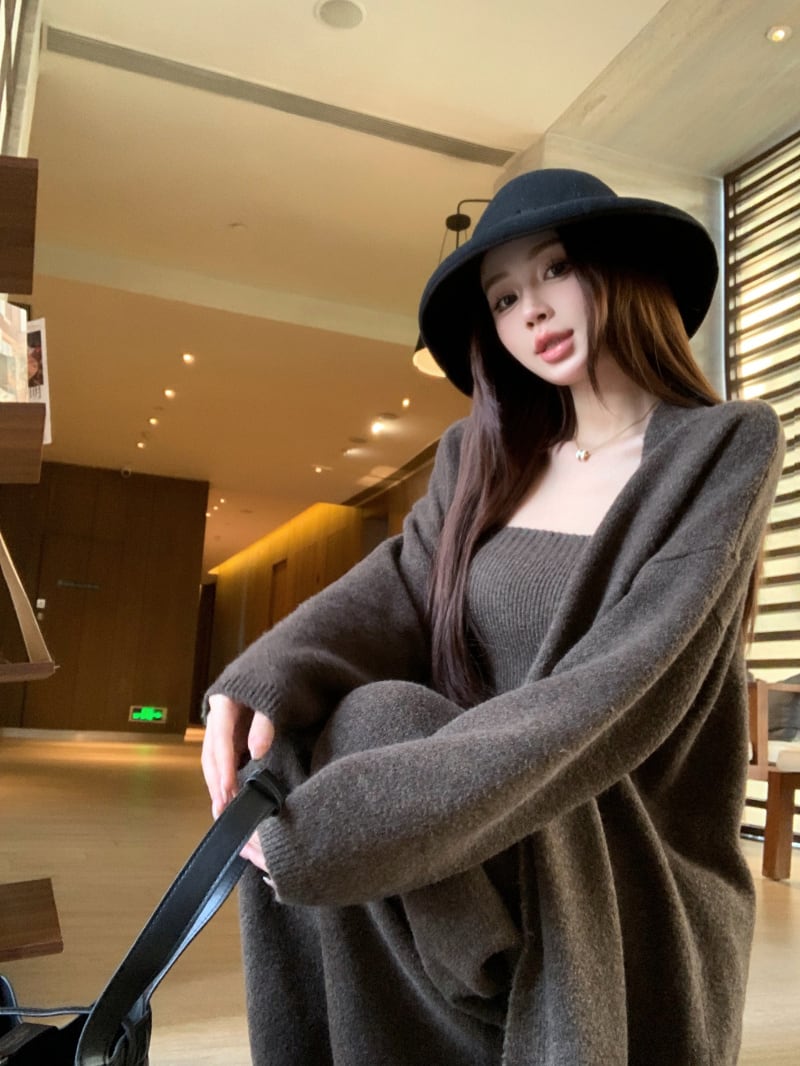 【set】ロング丈カーディガン×ベアトップ×ワイドパンツ3点セット　N3329
