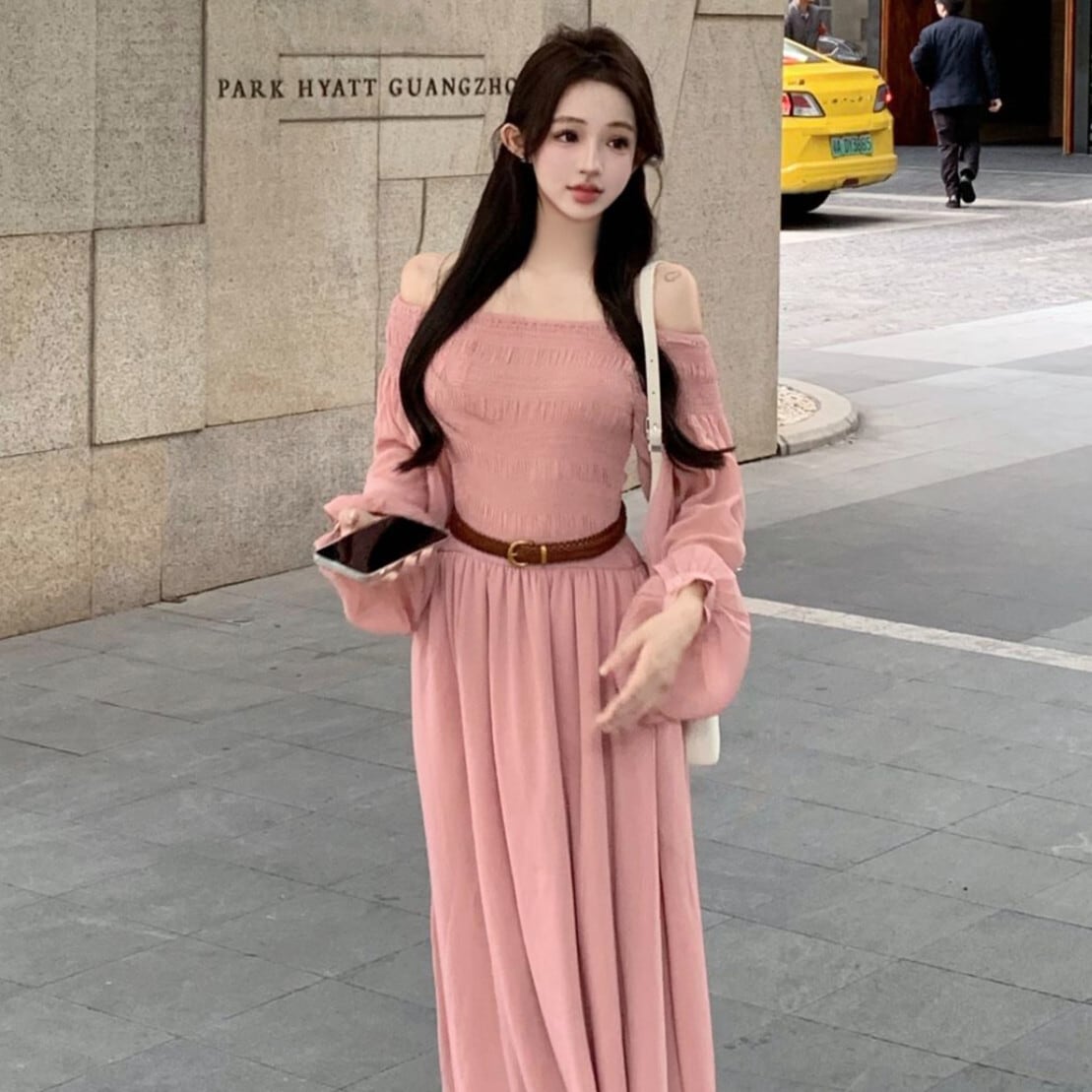 【dress】ボートネックワンピースベルト付き　M24667
