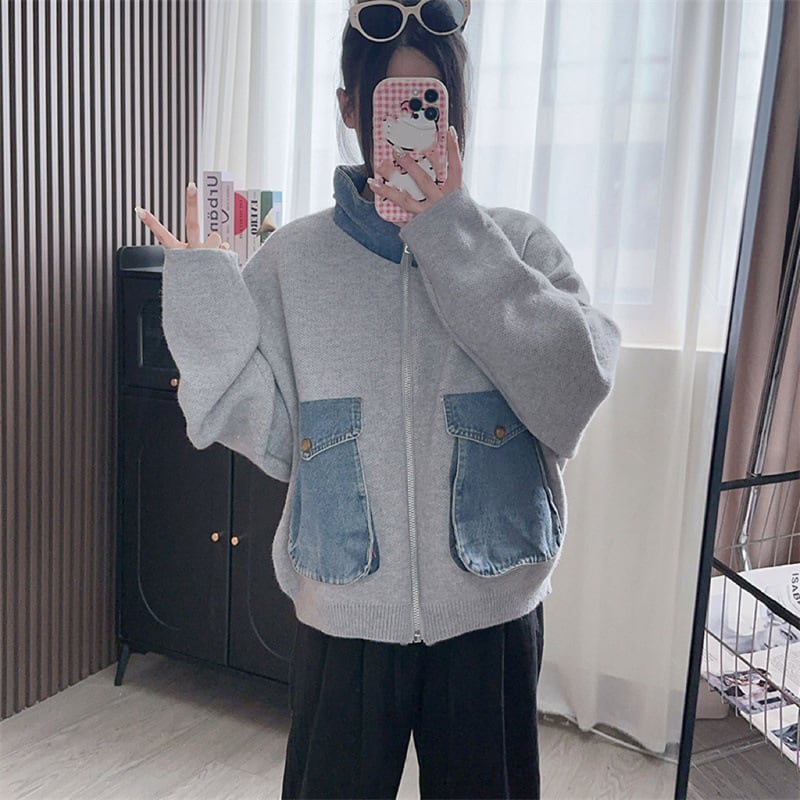 【outer】デニム切り替えニットカーデ　M25783
