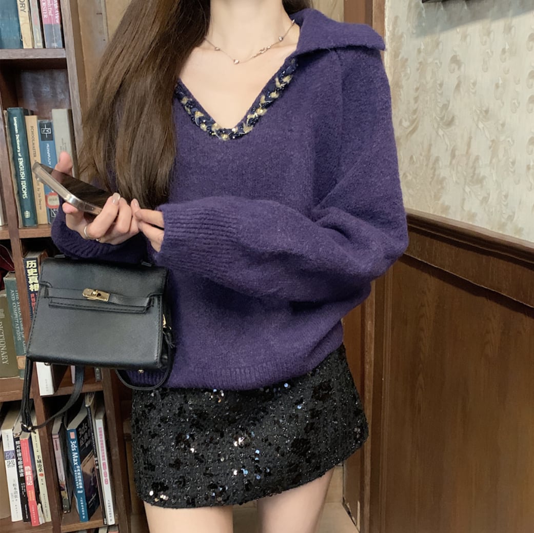 【set】Ⅴネックニットトップス×スパンコールスカートセット　M28146