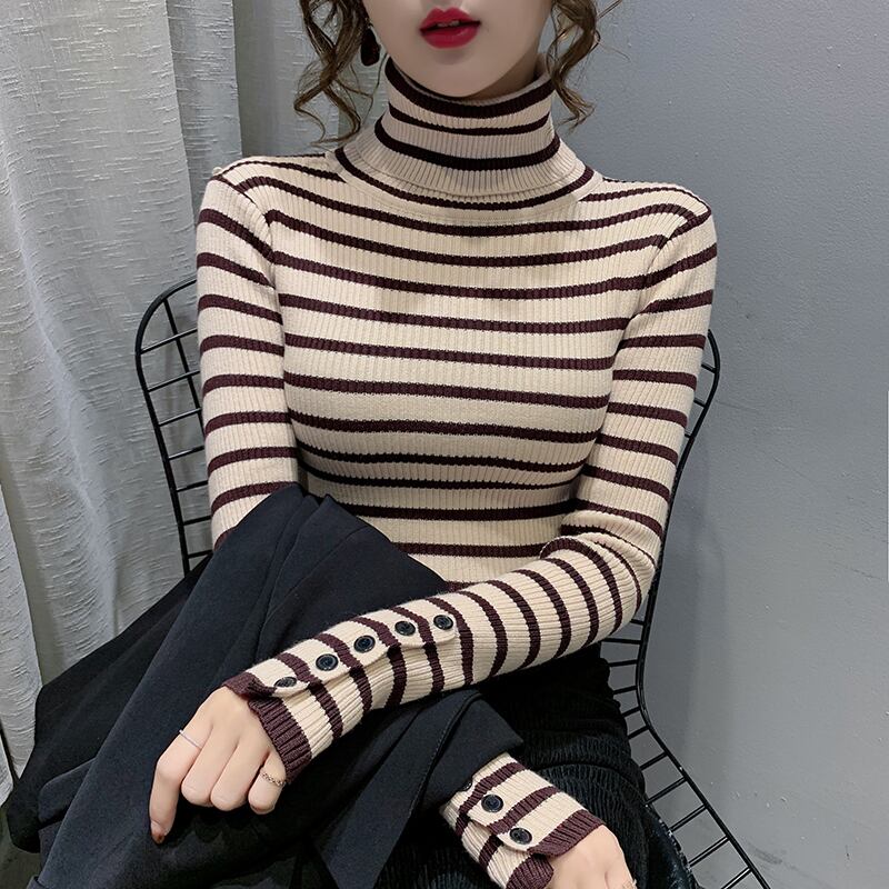 【tops】一目惚れ！4色ハイネック長袖体型カバーボーダー柄ファッションニットセーターF1046