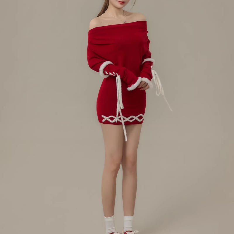【dress】ファー付きオフショルダーニットワンピース Q7730