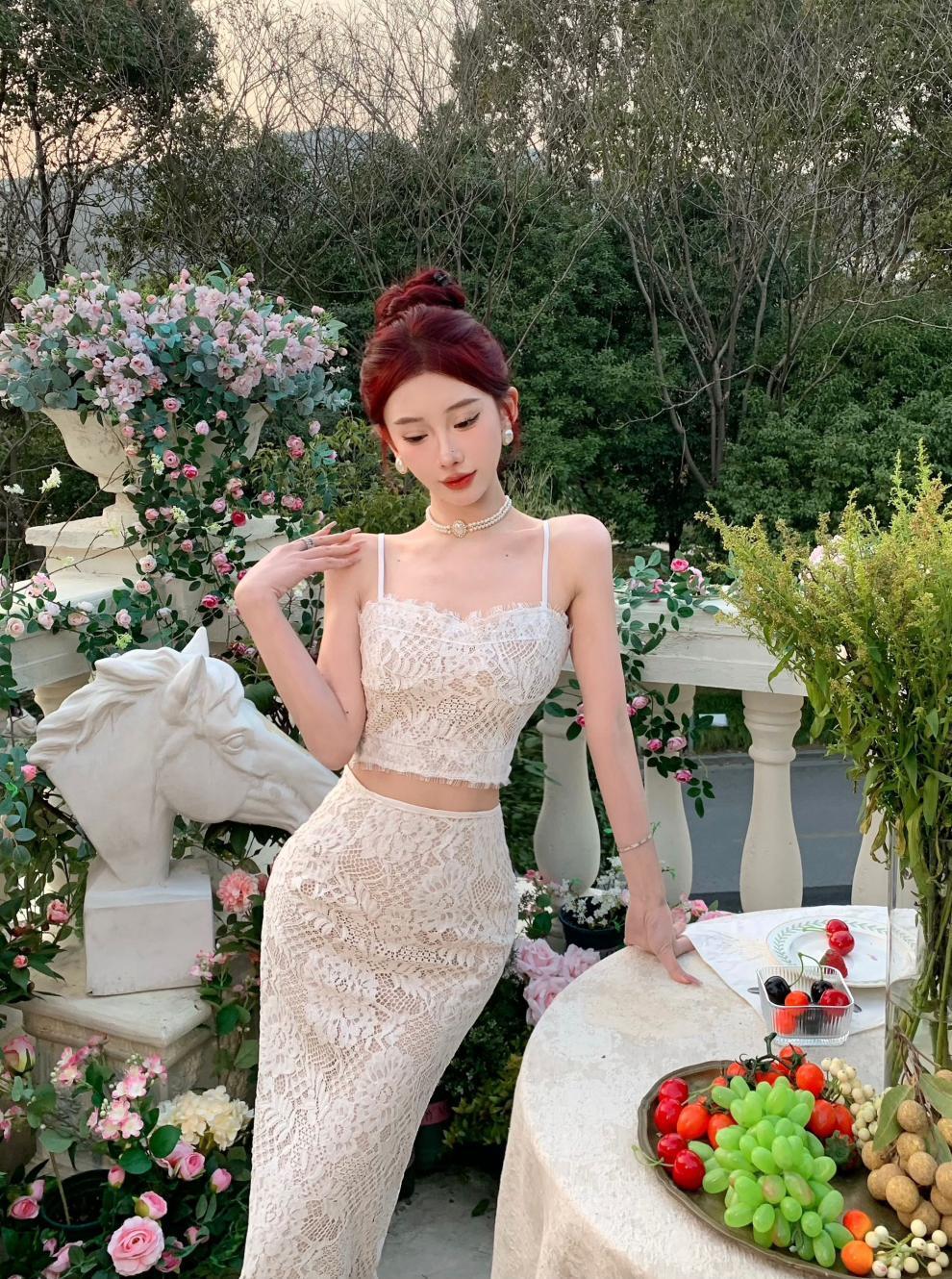 【set】不規則レーストップス+スカート２点セットG21119