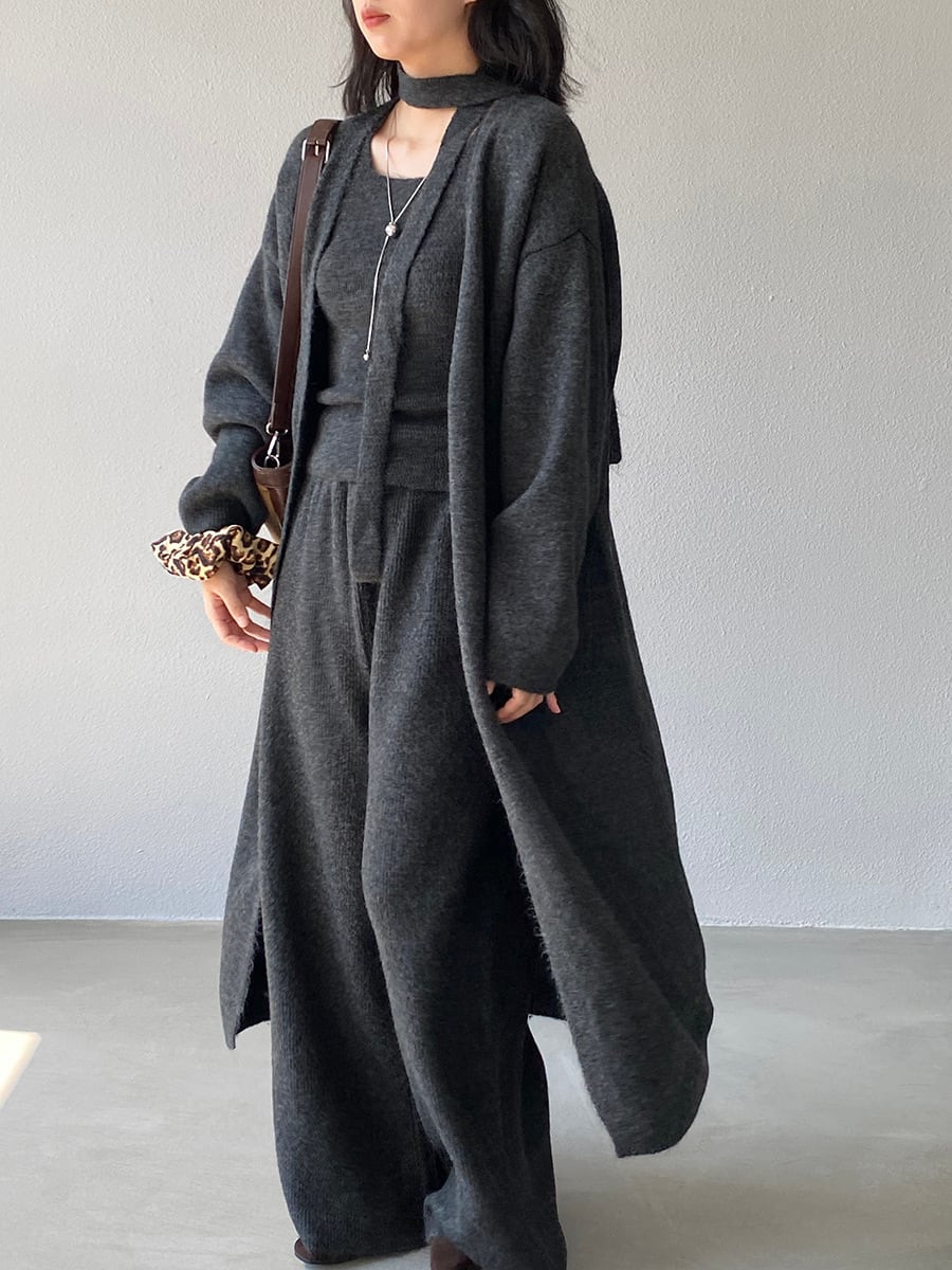 【set】ロングカーディガン×スカーフ付きベスト×ワイドパンツ3点セット Q7235