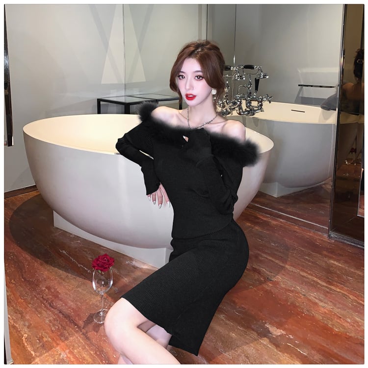 【dress】フェザーオフショルダーニットワンピース　M17993