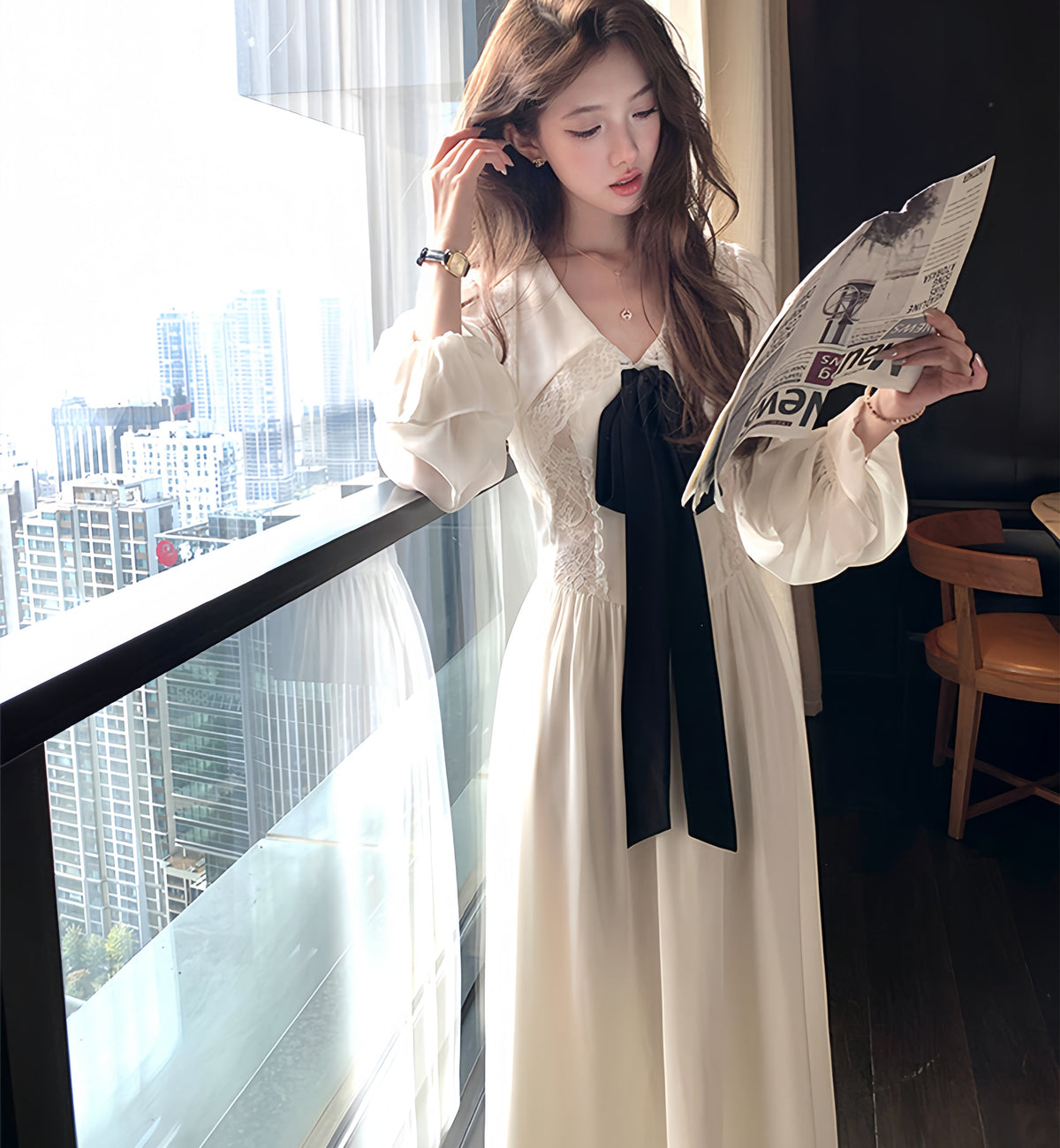 【dress】ビッグリボンレースドッキングロングワンピース　N3316