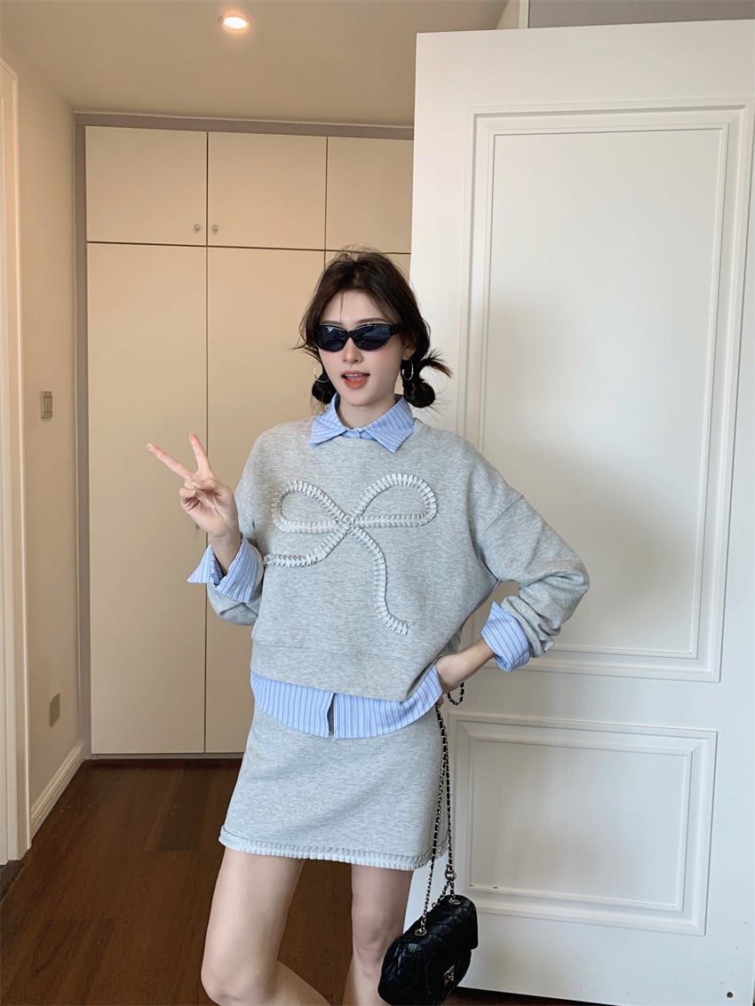 【set】ストライプ柄シャツ×リボンプルオーバー×スカート3点セット    N2733