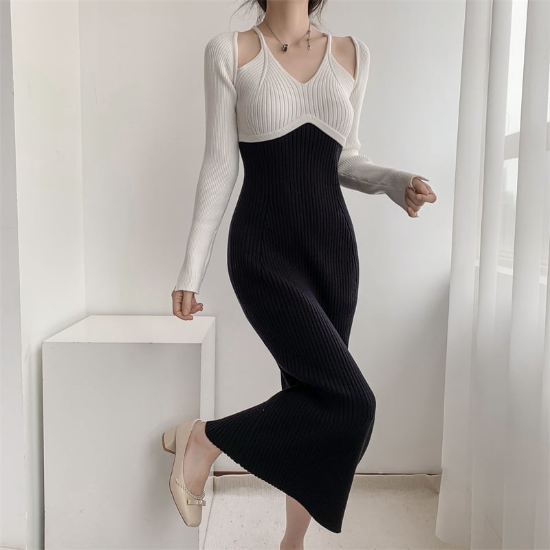 【dress】配色ニットワンピース　M25545