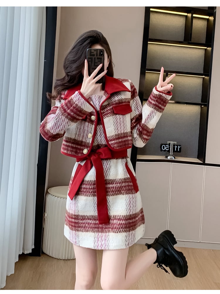 【set】チェック柄ショートコート×ベストワンピースセット　M27623
