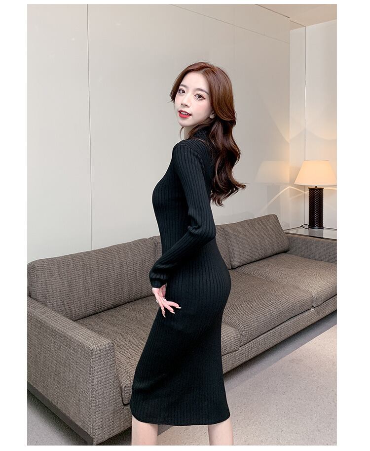 【dress】一目惚れ！2色ハーフネック長袖着やせ体型カバー無地ニットワンピースF1624