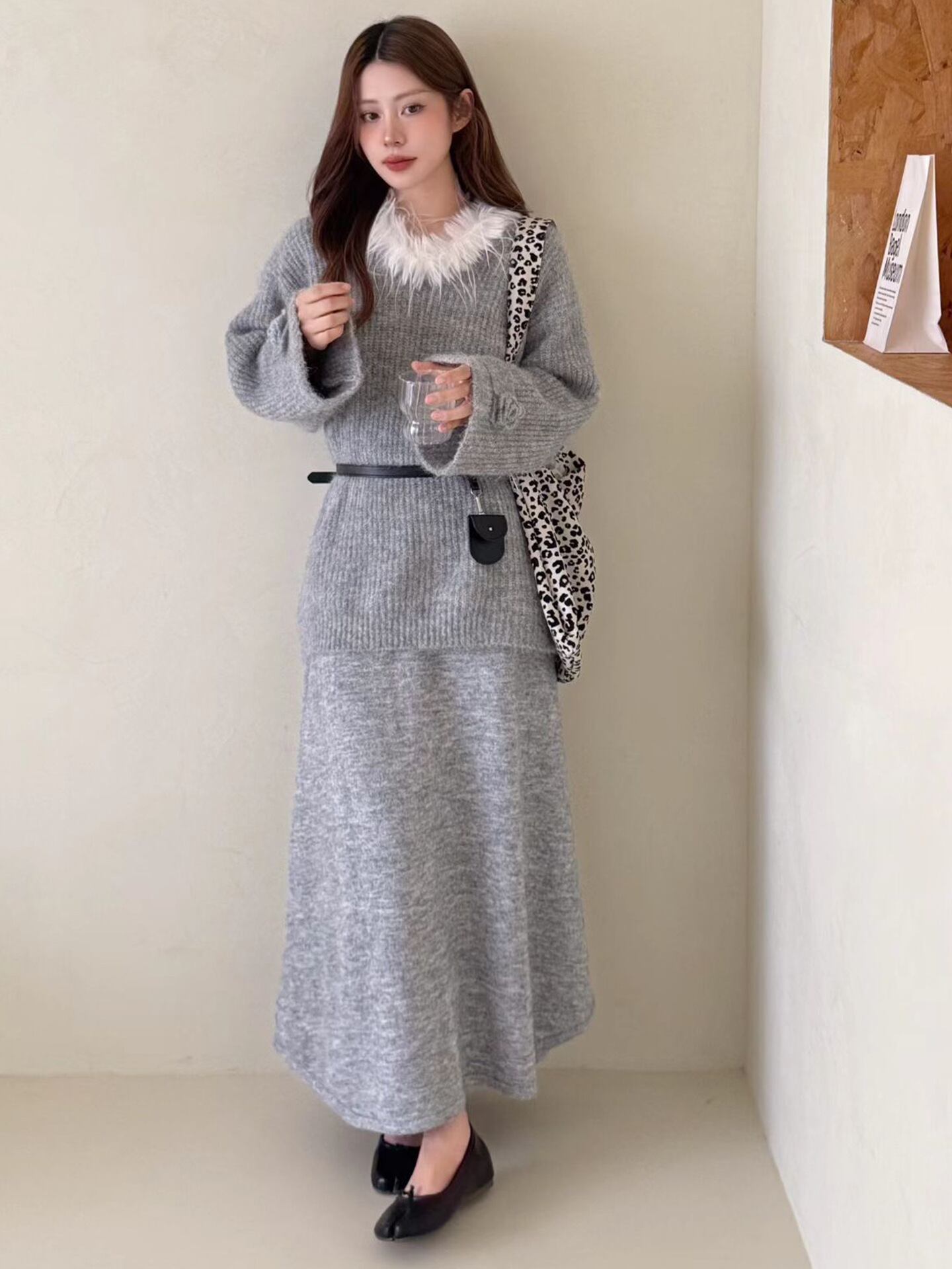 【set】ファーネックニットトップス×ロングスカートセット Q6956