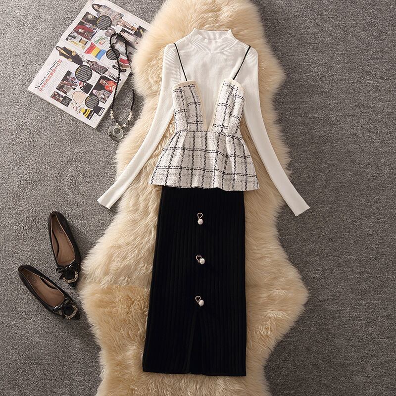 【set】店長推薦秋冬新作無地着やせセーター+チェック柄ベスト+ビーズ飾りタイトスカート通勤日常3点セットF0999